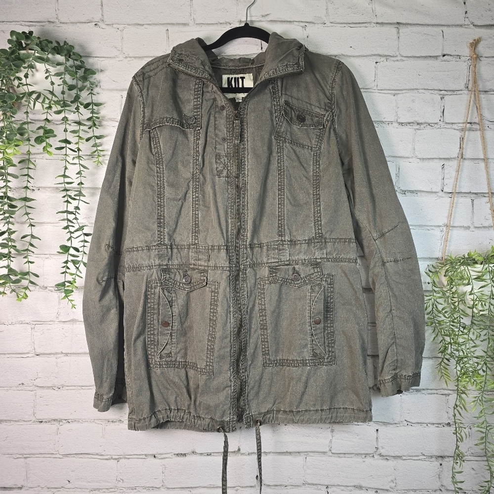 Kut from the Kloth Olive Military Jacket Grunge Pockets Hooded Coat Womens Large